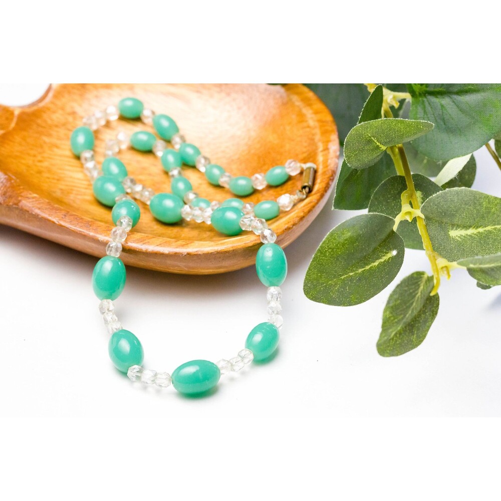 Vintage Green Glass Bead Statement Necklace Retro Boho Cottagecore Chunky